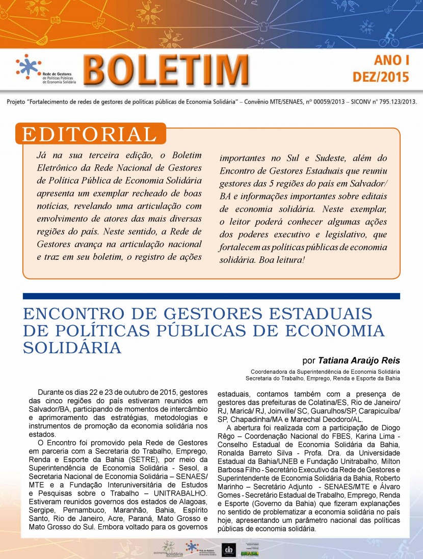 III Boletim Eletrônico da Rede de Gestores de Políticas Públicas de Economia Solidária.