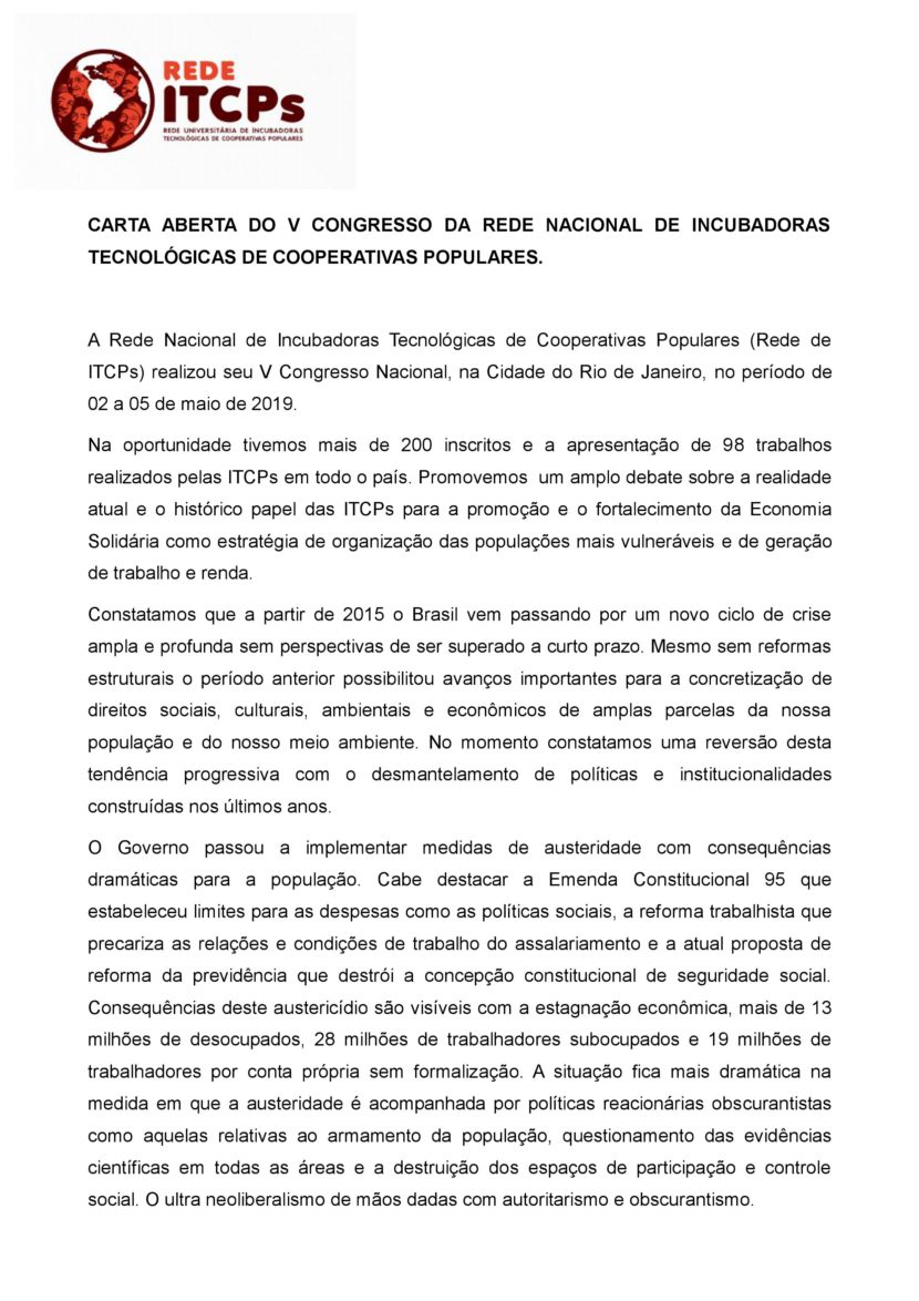 Carta Aberta do V Congresso da Rede Nacional de Incubadoras Tecnológicas de Cooperativas Populares