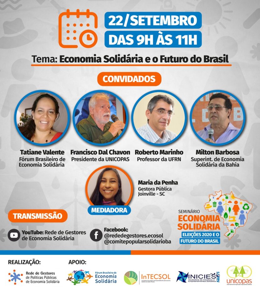 Fique por dentro da programação do segundo dia do seminário “Economia solidária, eleições 2020 e o futuro do Brasil”